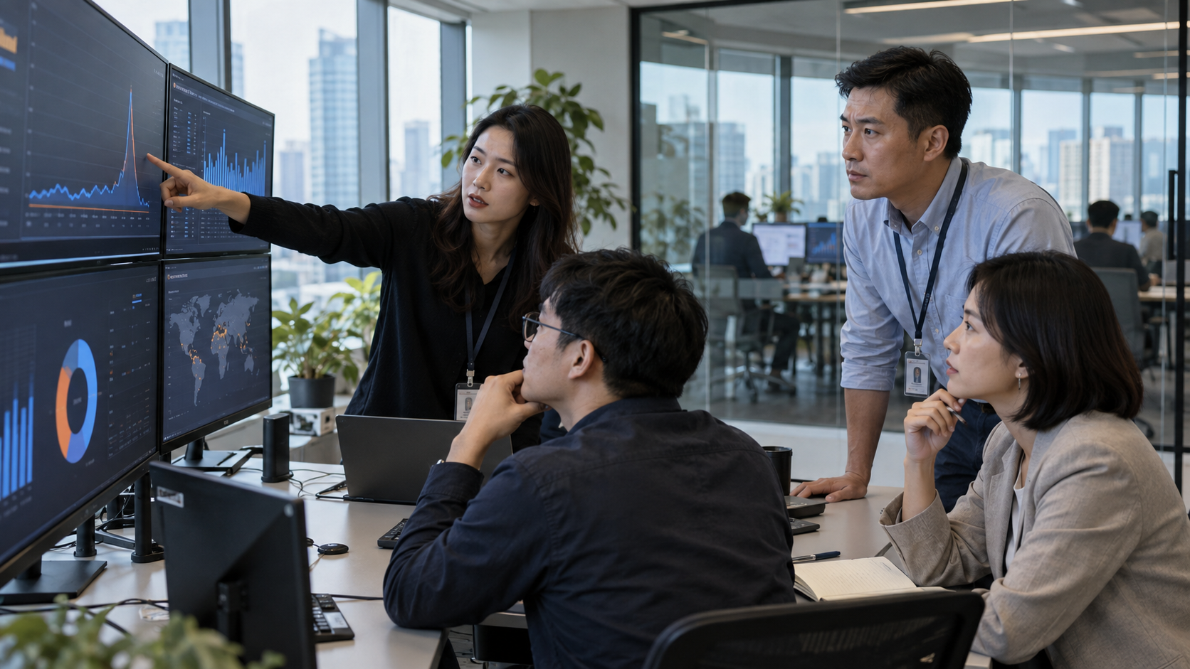 企业跨部门团队查看 AI 发现的异常并研判业务影响