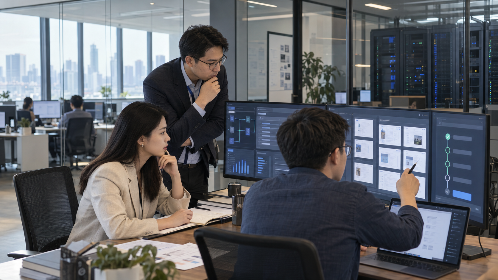 企业业务、风控与技术团队在真实办公环境中共同审核 AI 委托的版本证据与授权边界