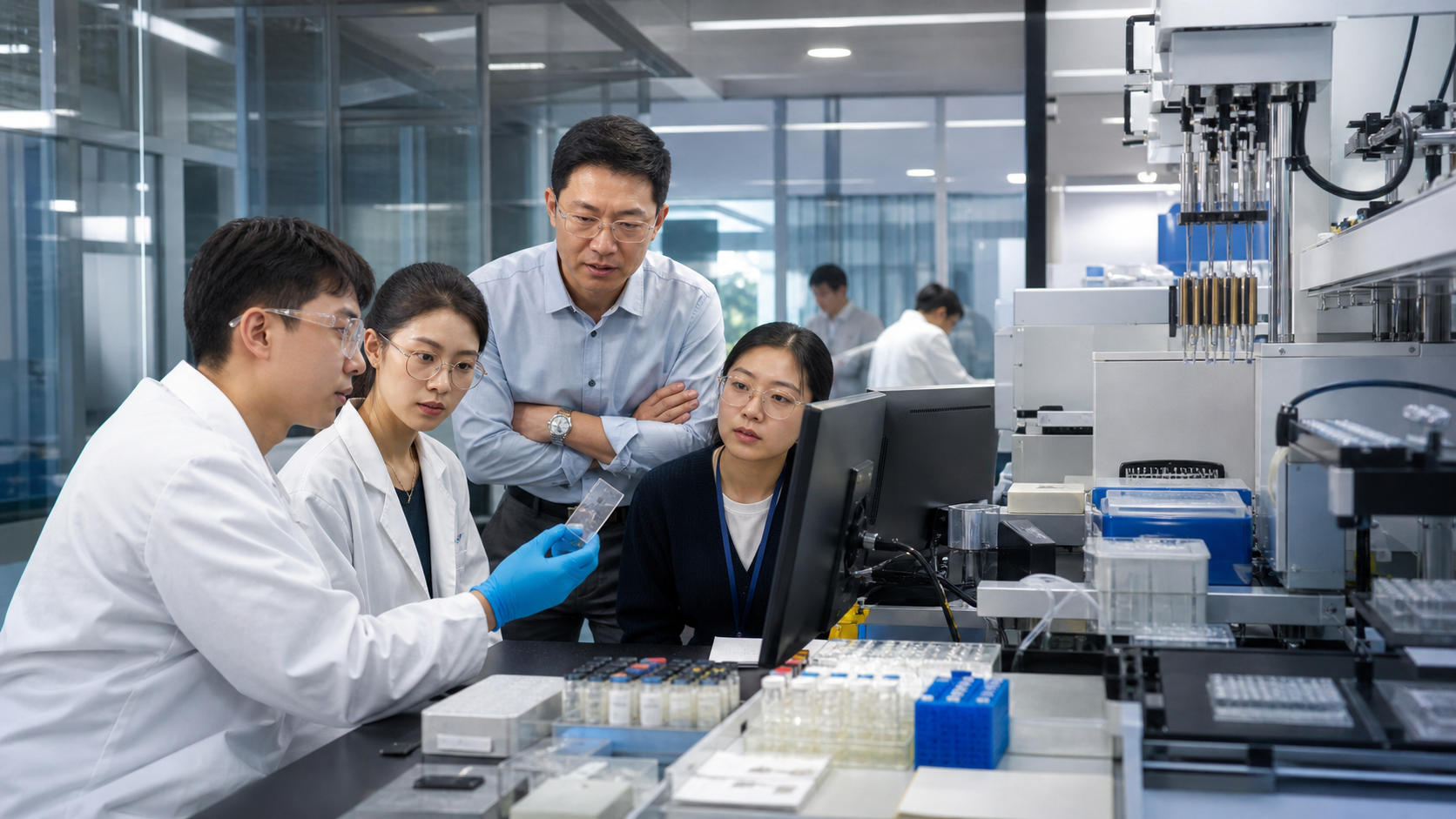 企业研发团队在自动化实验室中核对样本、设备状态与实验记录