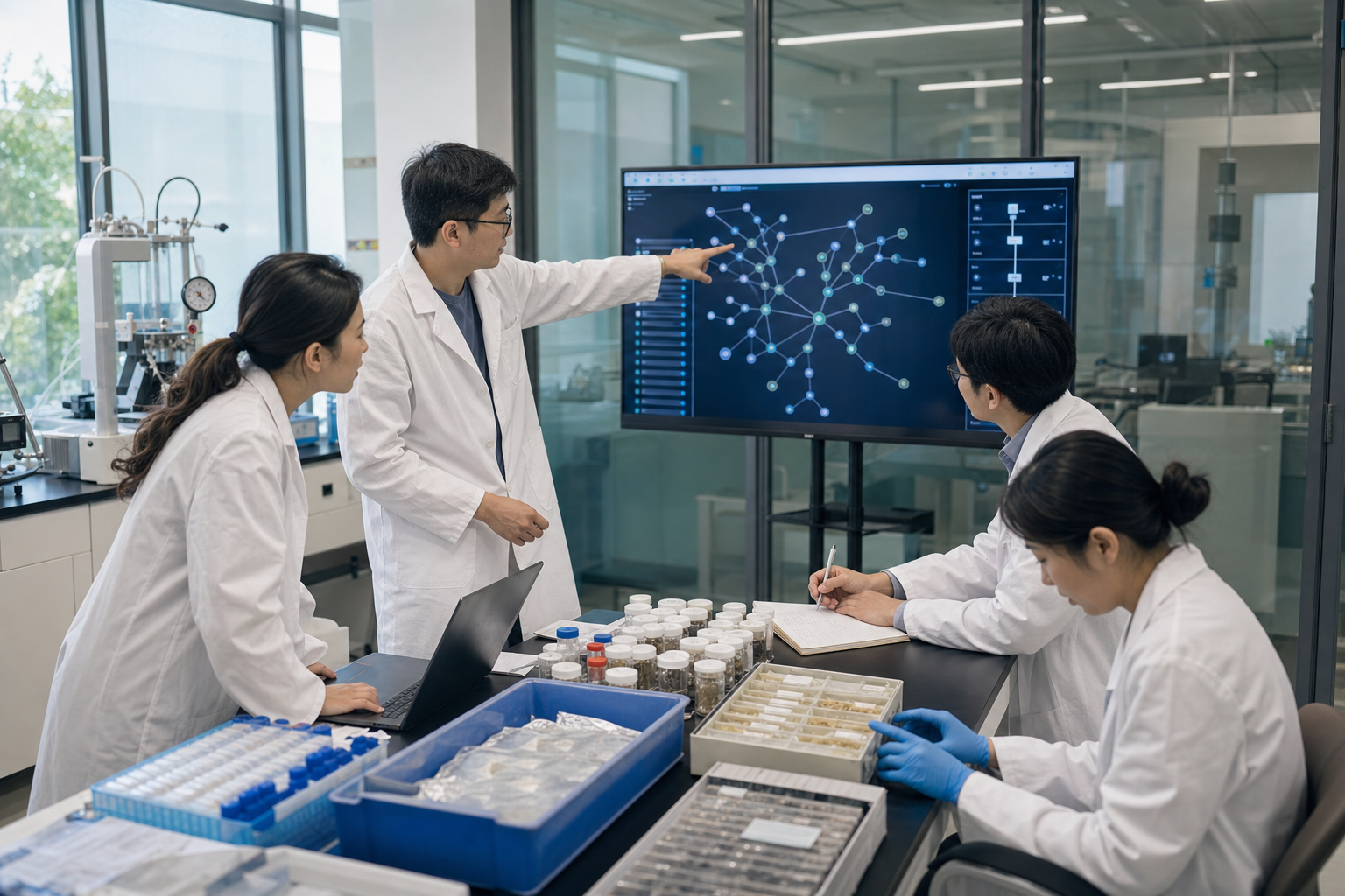 研发团队将历史实验的样本、仪器记录与证据关系整理为可追溯实验记忆
