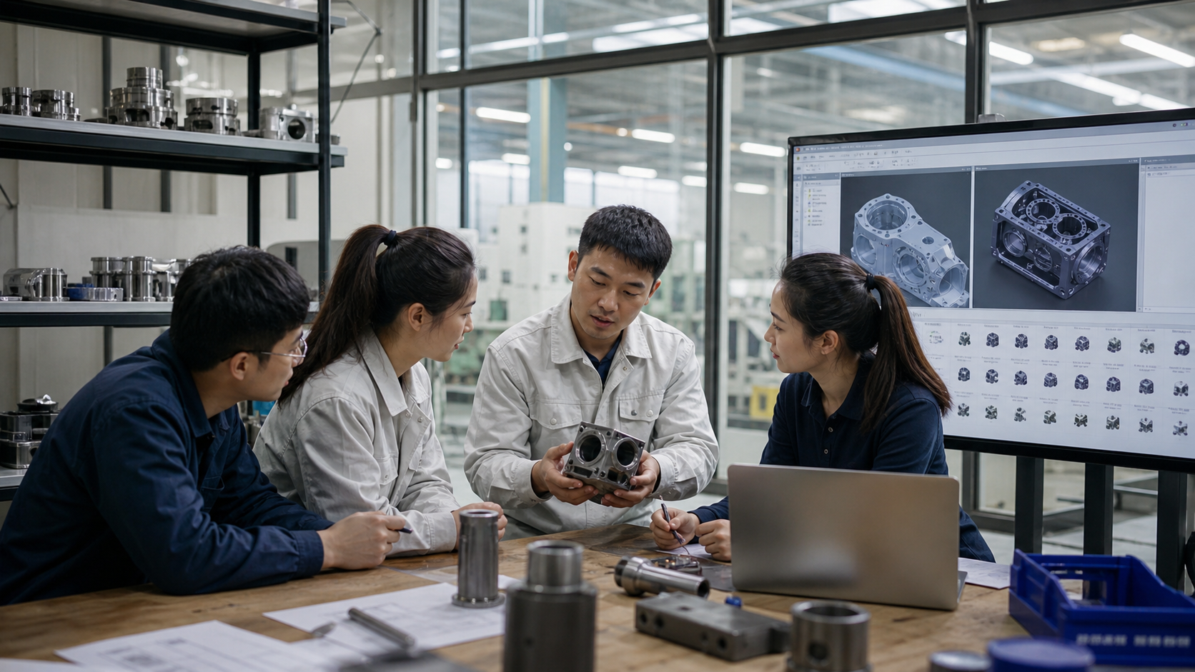 制造企业工程与采购团队对照 CAD 模型和实体零件评估复用候选
