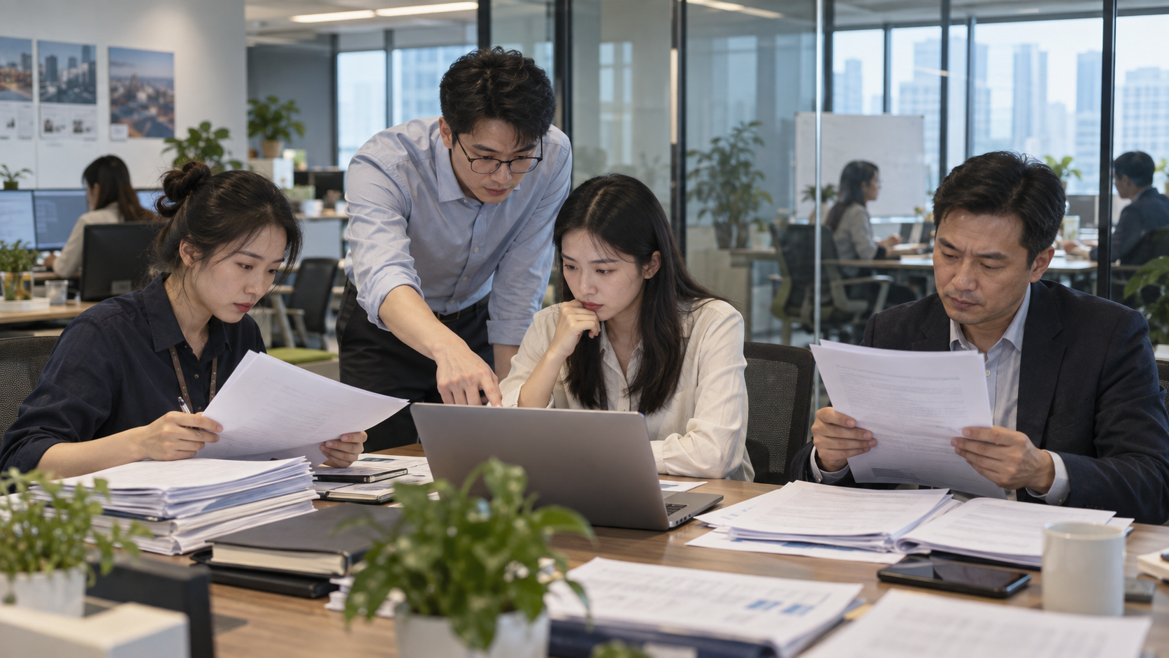 企业团队在真实办公环境中复核 AI 生成的报告与数据