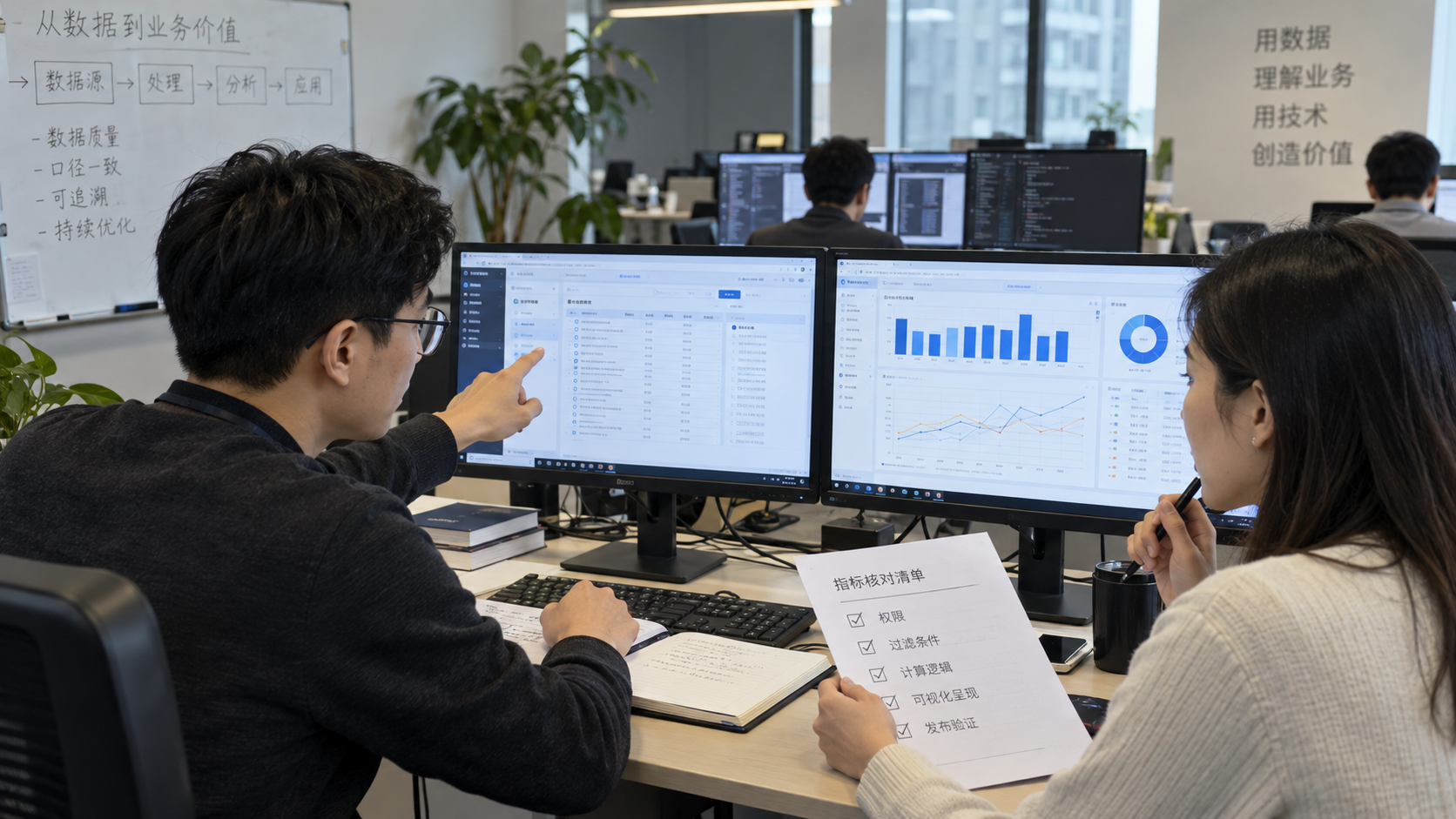 数据工程师与业务分析师对照权限、筛选、计算、展示和发布环节核验指标