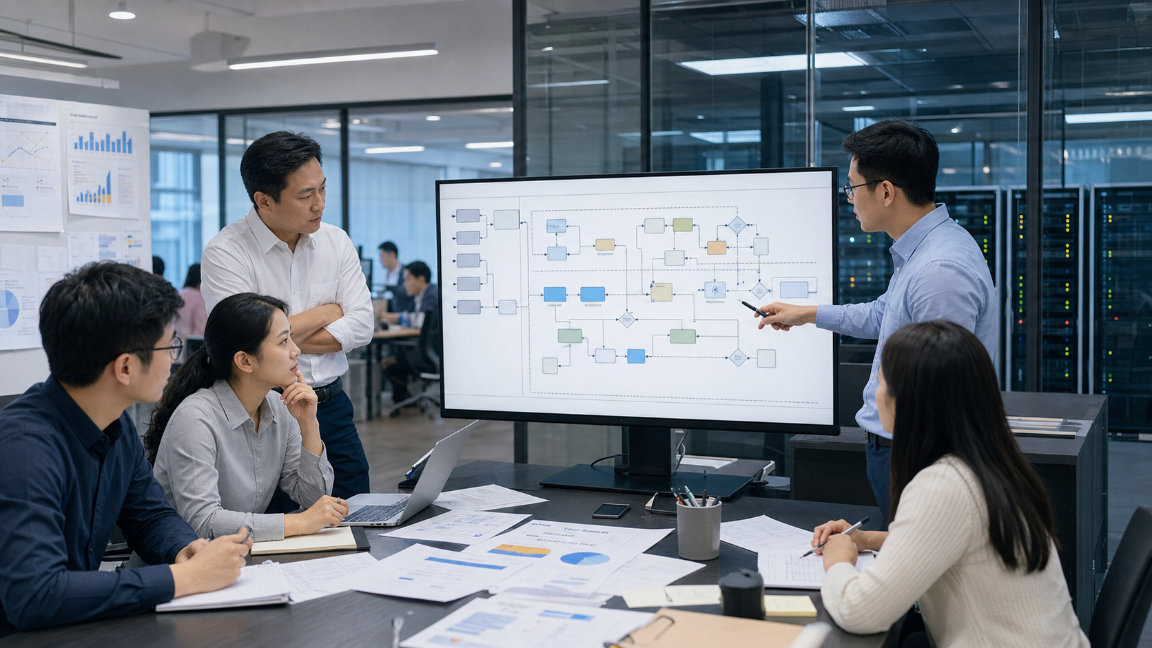 企业跨职能团队在真实办公环境中评审多模型接入 ERP 的治理流程