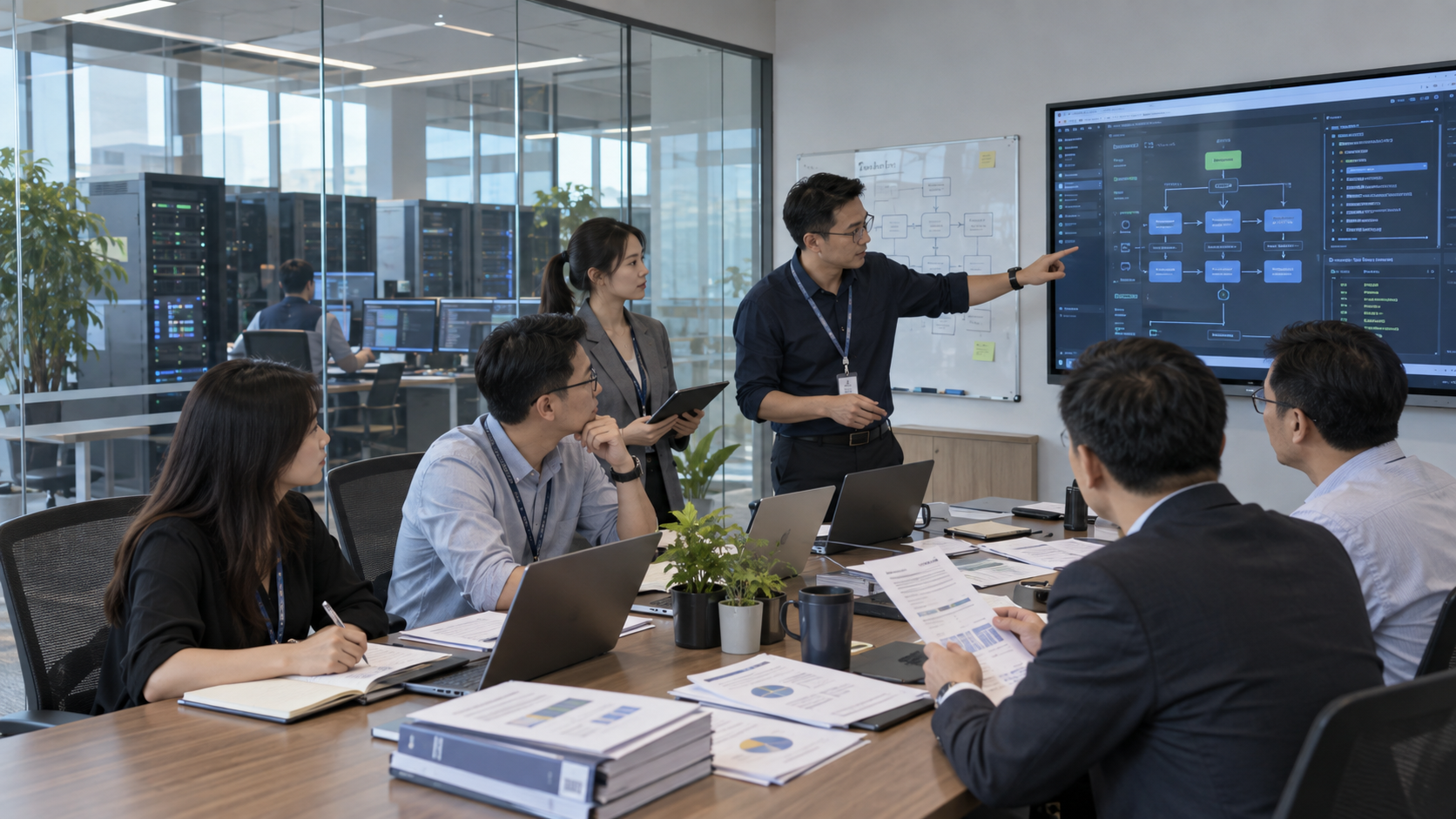企业业务与技术团队在真实办公环境中评审 AI 项目交付和能力移交