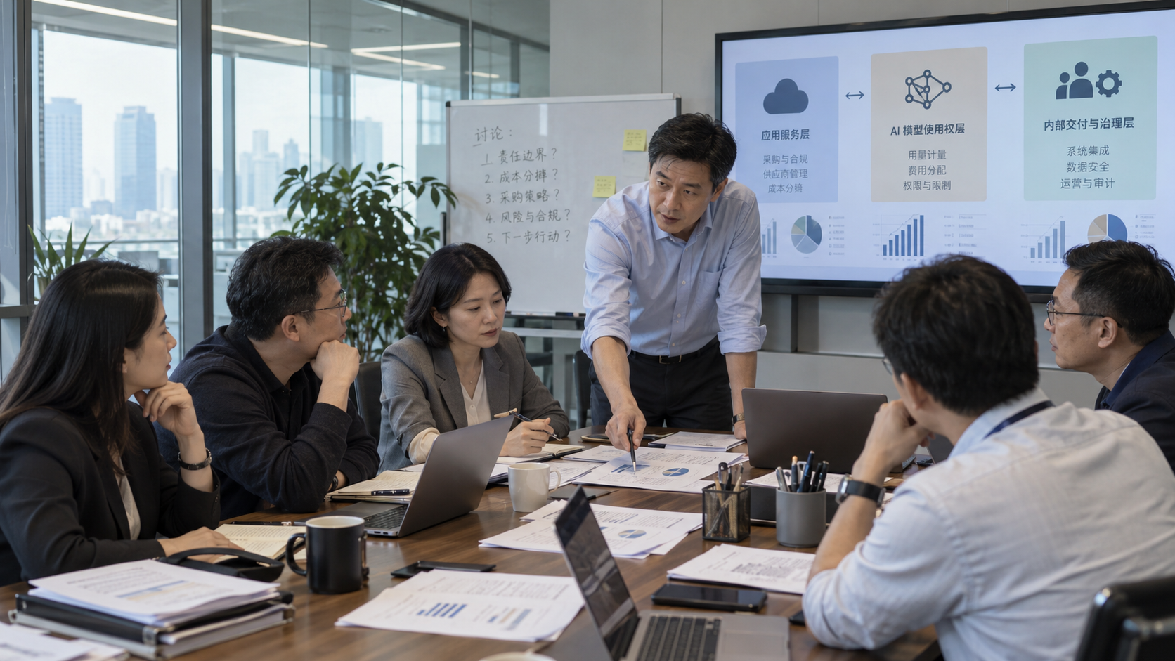 企业采购、财务、技术与安全团队共同评审 AI 用量和责任边界