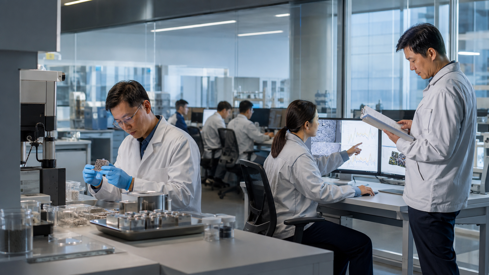 企业研发团队在实验室中复核 AI 加速生成的实验结果