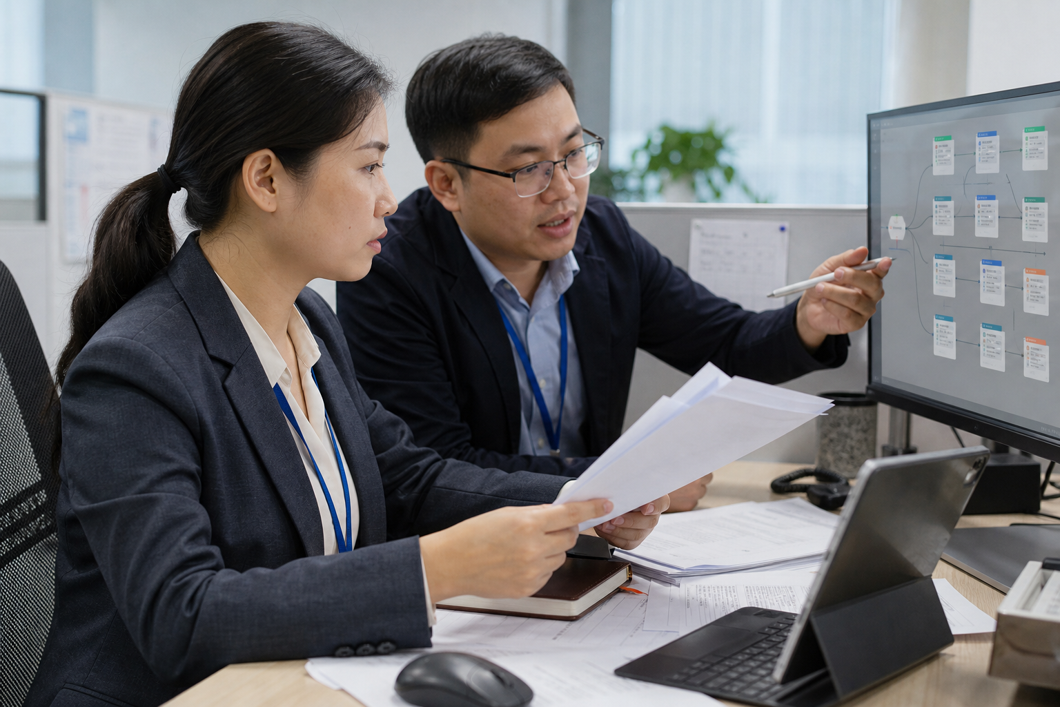 企业合规人员在证据工作面中核对来源文件、权限状态和审批节点